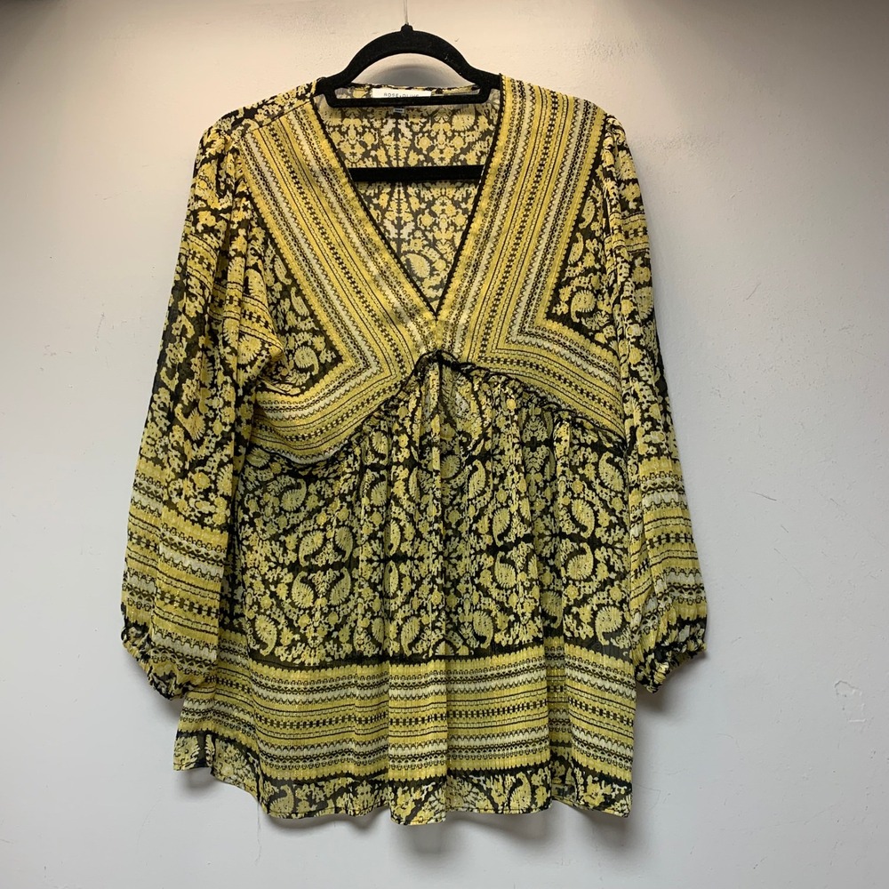 Rose + Olive Tunic Women Medium Yellow Excellent Paisley Metallic Babydoll Top